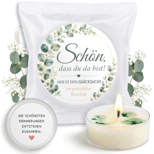 Gastgeschenke Hochzeit 12x Teelichter mit Spruch Schön dass du da bist | Greenery Botanical Eukalyptus Stil, Hochzeit vegane Mitgebsel, Tischdeko, Gastgeschenk für Gäste, wie Glückskekse,handgemacht