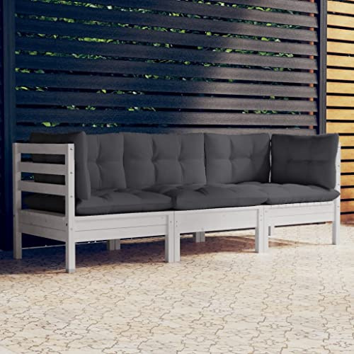 Madera maciza de pino modular exterior de 3 plazas Blanco 63 5x63 5x62 5 cm | Sofá de jardín 3 plazas modular con cojines antracita madera pino exterior resistente para terraza balcón piscina