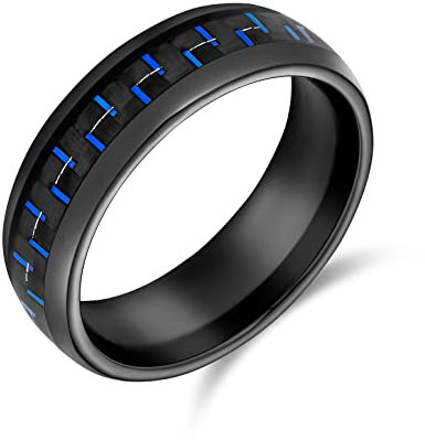 Bling Jewelry Geometrisches Muster Schwarz Blau Kobalt Carbon Fiber Inlay Paare Titan Hochzeit Band Ringe Für Männer Für Frauen 8Mm