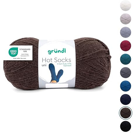 Gründl Wolle Hot Socks uni 100, Sockenwolle / Sockengarn 4-fach 1 Knäuel 100 g / 420 m (75 % Schurwolle (superwash), 25 % Polyamid), schokolade