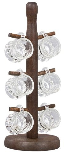 Rustikales Schnapsgläser-Set mit Kiefernholz-Ständer - 6x 2cl Henkelstamper, Dekorativer Schnapsglas-Baum, Ideal für Geschenk