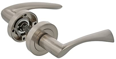 Amig - Juego de 2 Manillas Plateadas de Roseta Redonda - Con Tirador de Zamak con - Acabado Cromado Mate - Para Puertas de Paso de Interior - Diámetro Roseta Ø52 mm - Incluye Tornillos