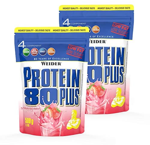 WEIDER Protein 80 Plus Eiweißpulver, 2 Pack, Erdbeer, Low-Carb, Mehrkomponenten Casein Whey Mix für Proteinshakes, 2x500g