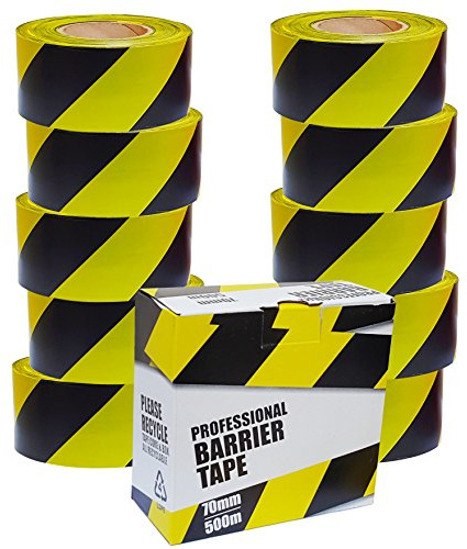 10 x Professional Barrier Hazard Safety Warning Tape - Yellow & Black, 70mm x 500m