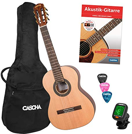 CASCHA 3/4 Konzertgitarre Einsteiger Set, inkl. Lehrbuch, Stimmgerät, Gigbag/Tasche, 3 Plektren, klassische Kindergitarre ab 8 Jahren für Anfänger, Classic Guitar, Nylonsaiten