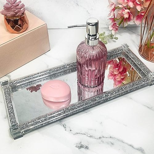 Présentoir en verre miroir – Plateau rectangulaire élégant en cristal avec cadre en diamants écrasés – 35 x 18 cm, parfait pour les cosmétiques, les parfums, les bibelots et la décoration d'intérieur