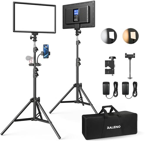 RALENO 2-Pack LED Video Light Kit with 170cm Adjustable Stands, 3200K-5600K Bi-Color and Built-in Battery, Studio Lighting for YouTube, Streaming, Photography, Video Recording