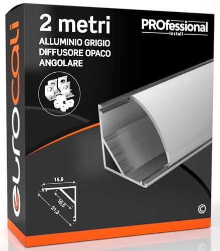 Profilo Angolare da 2 metri (2mt) in Alluminio Grigio per Strisce LED Schermatura Opaca ingombro max striscia led 10.5mm - 15.8 x 15.8