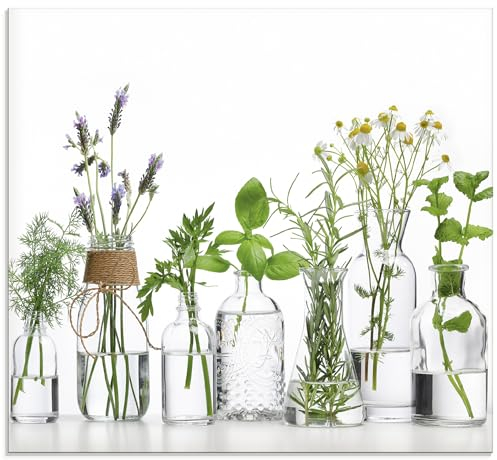 ARTLAND Spritzschutz Küchenrückwand Küche Herd Glas mit Motiv 60x55 cm Desgin Modern Kräuter Pflanzen Blumen Basilikum Lavendel Gewürze H9KE
