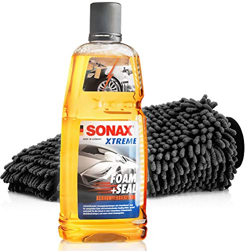 Detailmate Auto Schaum Wasch Versiegelung Set: SONAX XTREME FOAM and SEAL - Schaumversiegelung 1 Liter + professioneller Mikrofaser Waschhandschuh