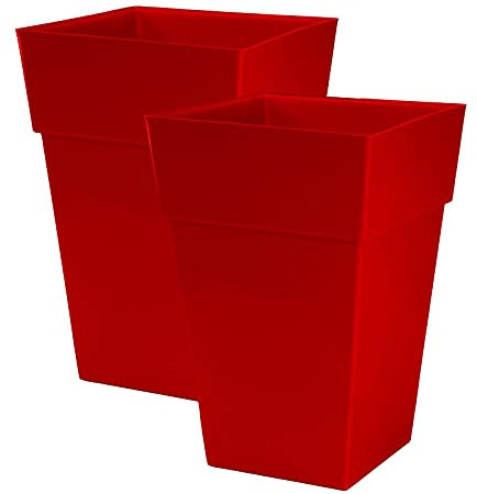 Moda Milano 28L 28 Litre Plastic Gloss Planters, Set of 2 - RED Colour - Dimensions: 46cm (H) x 31cm (W) x 31cm (D)