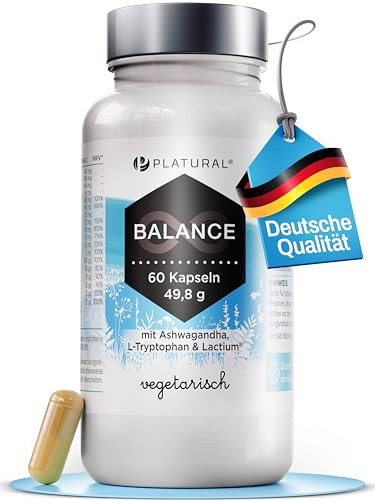 Platural® Balance Ashwagandha Kapseln - Lactium, L-Tryptophan, Vitamin B-Komplex, Magnesium – 60 vegane Kapseln – Trägt zur normalen Funktion des Nervensystems bei – Nahrungsergänzung Made in Germany