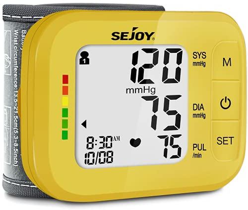Sejoy Blutdruckmessgerät handgelenk mit verstellbarer Handgelenkmanschette, Blutdruckmanschetten für den Heimgebrauch, Gelb, blutdruck messgerät mit Batterien und Reiseetui