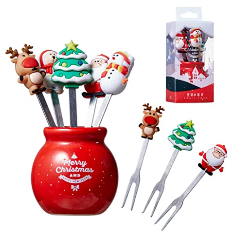 HUSHUI Fourchette à Fruits en Silicone de Noël, Fourchette à Salade en Acier Inoxydable pour Enfants avec Porte-gobelet en céramique Fourchette à Fruits réutilisable, de