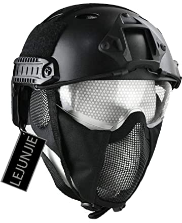 PJ Typ Tactical Multifunktionaler Airsoft Fast Helm mit Faltbarem Gehörschutz Stahlnetz Maske und Schutzbrille