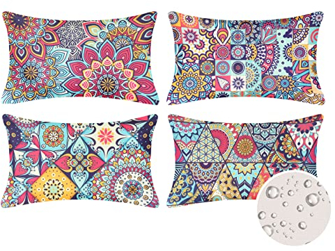 4er Set Boho Kissenbezug Bunt Geometrisch Muster Dekorativ Kissenhülle Draussen Dekokissen 30x50cm Wasserdicht Baumwolle Leinen Mandala Kissen Fall für Zuhause Couch Auto,12x20Inch