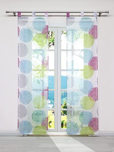 ESLIR Schiebegardinen Set 2er Flächenvorhänge mit Klettband Gardinen mit Schlaufen Schiebevorhang Voile Schlaufenschal Transparent mit Kreis Muster Bunt BxH 57x225cm 2 Stück