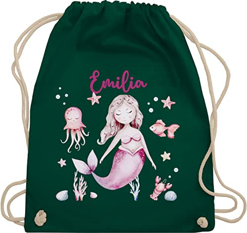 Turnbeutel Rucksack - Meerjungfrau Nymphe Nixe - Unisize - Dunkelgrün - beutel kinder meerjungfrauen personalisierte bag taschen baumwolle stoffbeutel rucksäcke turnen tasche sporttasche