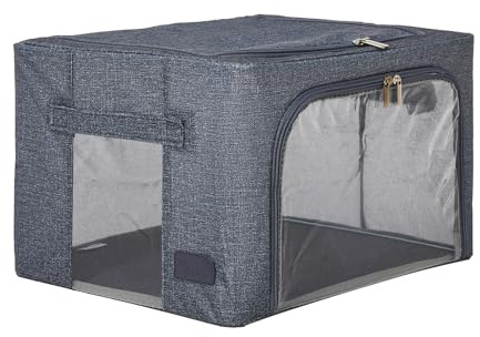 Periea ‘Beau’ Folding Collapsible Stackable Fabric Home Storage Boxes with Steel Frames (Navy Denim Effect, Small)
