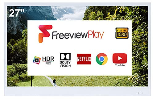 Soulaca TV Blanche Intelligente 27 Pouces pour Salle de Bain, 1080P IP65 étanche avec Wi-FI, Bluetooth, Android 9.0, W27 modèle 2024