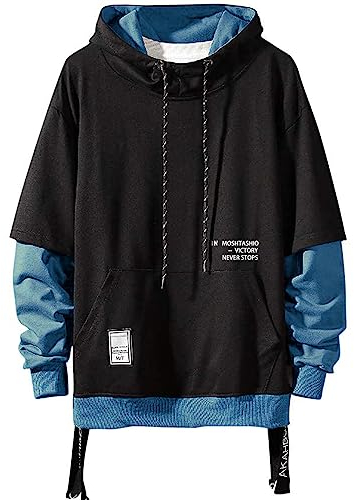 Moshtashio Kapuzenpullover für Herren, Patchwork Hoodie mit Kontrastfarbe Langarm Basic Sweatshirt Pullover mit Kapuze(1 Schwarz blau,3XL)