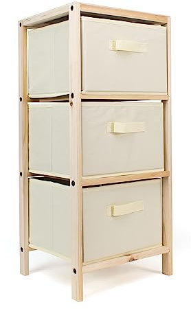 THE SECRET HOME - Mueble Auxiliar de Madera - Cajonera de 3 Cajones en Madera y Tela – Color Natural y Beige - Mueble Organizador para Baño, Cocina, Salón, Dormitorio