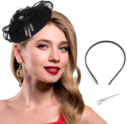 Bohend Fascinator Hut Blume Pillbox Vintage Bogen Derby Hüte Tea Party Hochzeit Strasssteine Haarschmuck für Frauen und Mädchen (Polyester, schwarz)