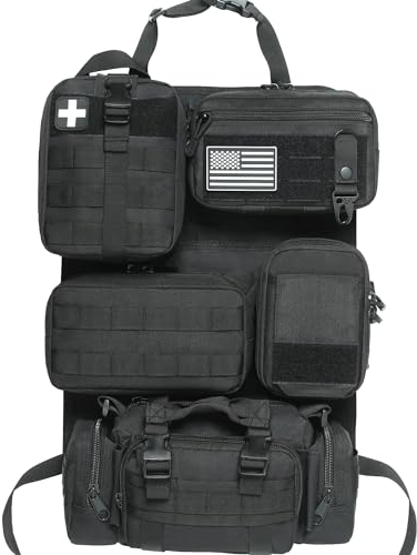 Katadem - Taktischer MOLLE-Autositz-Rücksitz-Organizer – Universal, Schwarz, 5 abnehmbare Taschen, für Auto, LKW, Ford, Jeep, US-Flaggen-Patch und Schlüsselanhänger