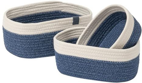 LA JOLIE MUSE Rope Storage Baskets for Organizing, Kleiner gewebter Baumwollkorb für Badezimmer Regal Kinderzimmer, Dekorativer Korb Organizer-Behälter 3er-Pack, Blau und Weiß