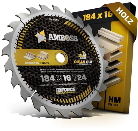 AMBOSS WERKZEUGE® Lame de scie circulaire HM 184 x 16 Z24 denture alternée pour bois Lame de scie 184 mm compatible avec DeWALT D23620. D23620K. DCS365N. DW62 et DW62K Ryobi HW 600. W 640 C etc.