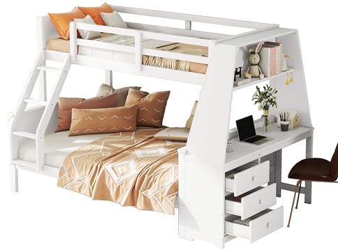 Etagenbett 140x200cm mit 3 Schublade und Integrierter Schreibtisch, Kinderbett Doppelstockbett mit Ablagefach und Lattenrost, Bettrahmen aus Stabiler Massivholz, für Kinderzimmer, Ohne Matratze, Weiß
