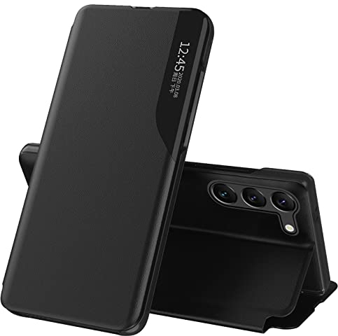 Handyhülle für Samsung Galaxy S21 Hülle Clear View Klappbar Leder Flip Schutzhülle Galaxy S21 Hülle mit Ständer 360 Stoßfest Und Kratzfest Klapphülle für Samsung S21 5G Case 6,2 Zoll (Schwarz)
