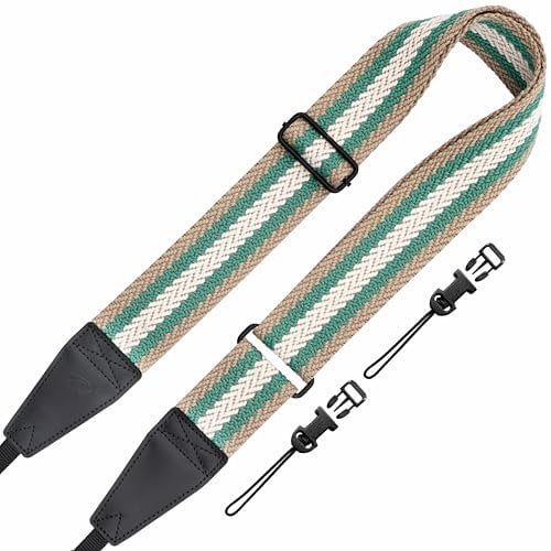 Padwa Lifestyle Stripes Adjustable Camera Strap with Quick Release Clip fits All Cameras - 2 Full Grain Leather Head,Soft Cotton Rope Weave Camera Straps for Photographers - Green White Stripe