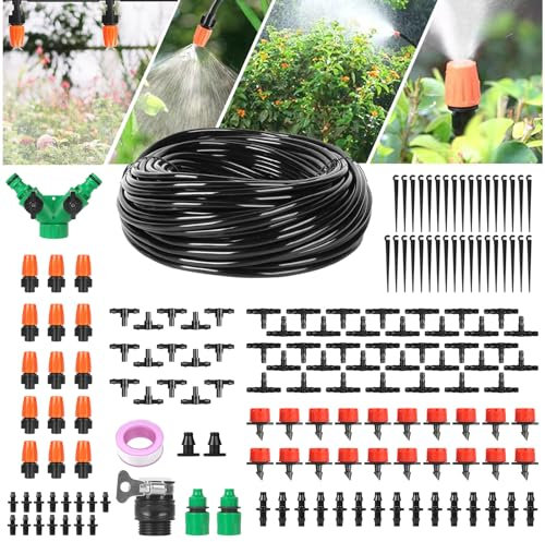 Irrigation System Kit, Garden Drip Irrigation Kit, Greenhouse Watering Systems, 40m/131ft Automatic Irrigation Equipment, DIY Plant Watering Devices Misting Cooling System for Lawn, Patio, 158Pcs