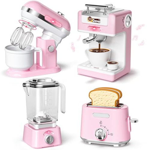 Kids Kitchen Toys Set, BPA-Free 7 Piece Pretend Play Appliances with Light Sound, Coffee Maker Blender Stand Mixer Toaster for Toddlers Ages 3 Plus, Educational Role Play Gift (Pink)
