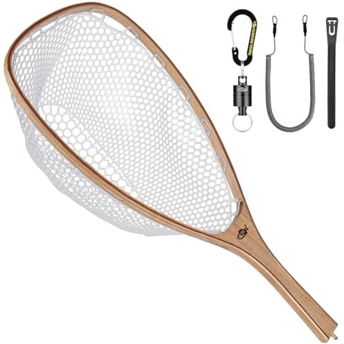 SF Fly Fishing Landing Net Soft Silicone Rubber Mesh Trout Catch Small Hole Elm Wood Square Head with Black Magnetic Release Combo Kit