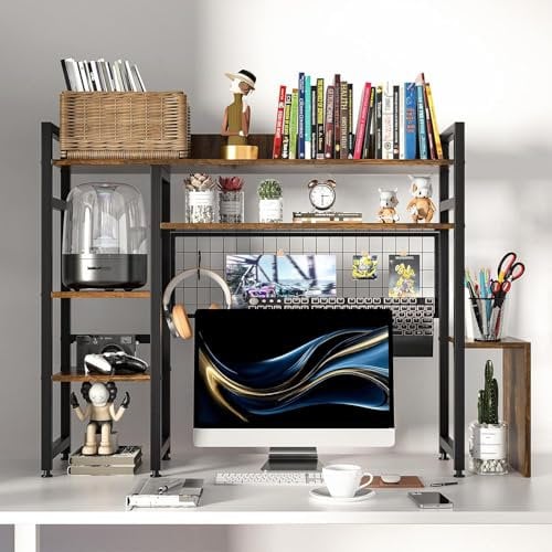 bimiti Computer Desktop Bookshelf 2-Tier Rustic Wood Desktop Hutch Bookcase Multipurpose Display Rack Organizer for Computer Desk Dorm Room Office Home