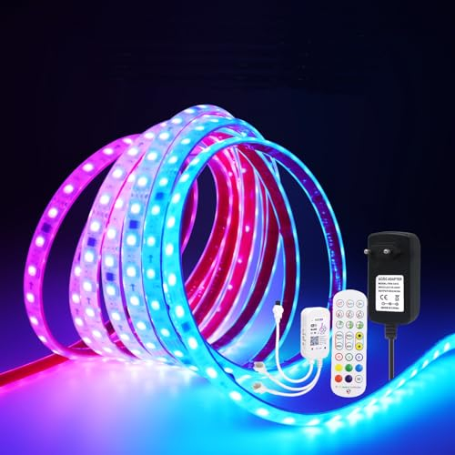 24V WS2811 5050 RGB LED Strip, IP68 Waterproof 60 Leds/m Double-sided Tape Neon LED Strip With WIFI Music 24 Key IR RGB Full Color Controller for Home Decoration.(Include Power Adapter)