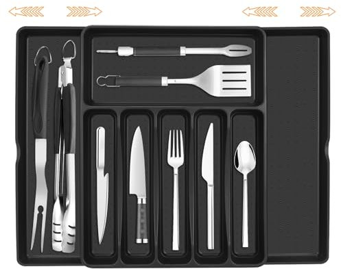 Auauraintt Portaposate da Cassetto, Porta Posate Espandibile per Cassetto, portautensili da cucina, organizer regolabile per posate, per Cucchiai, Forchette e Coltelli, Grande (Nero)