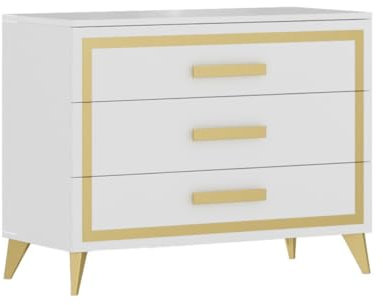 AltoBuy Jemma - Commode 3 Tiroirs Laqué Blanc et Décor Doré