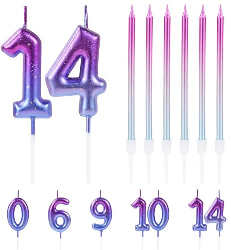 URAQT Geburtstagskerzen Zahlen, Geburtstag Zahl Kerzen, Lange violetter Farbverlauf Geburtstagskerzen, Tortendeko kerze Kuchendeko geburtstagskerze 14