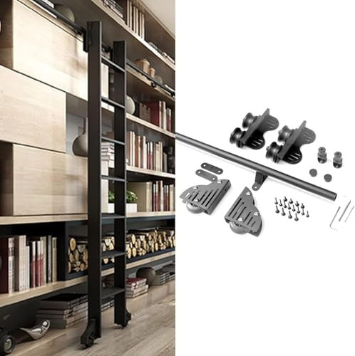 CATANK Schiebetür-Bausatz für Scheunentore, Bibliothek mit Rollleiter-Hardware, Schiebeleiter-Hardware-Bausatz (ohne Leiter), einziehbare runde Rohrschiene für Mobile Leitern (Größe: 3,3