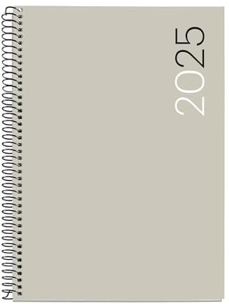 Miquelrius - Jahresplaner 2025, 155 x 213 mm, Tagesansicht, flexibler Einband aus Polypropylen, Spiralbindung, Papier 80 g/m², Spanisch, Englisch und Portugiesisch, Grau