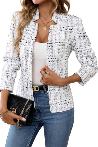 ELLEVEN Womens' Tweed Open Front Blazer White Medium