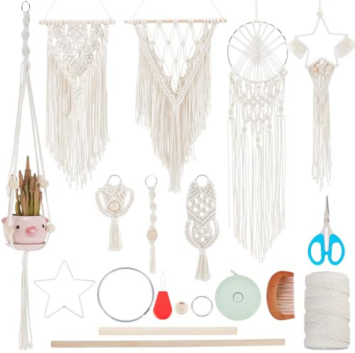 IFNUNLY 8 Set DIY Makramee Set Für Anfänger Stern DIY Makramee Traumfänger Set Handgefertigtes Makramee Pflanzenaufhänger Set Für Erwachsene Makramee Wandbehang Wandteppich Mit Anleitung Geburtstagsge