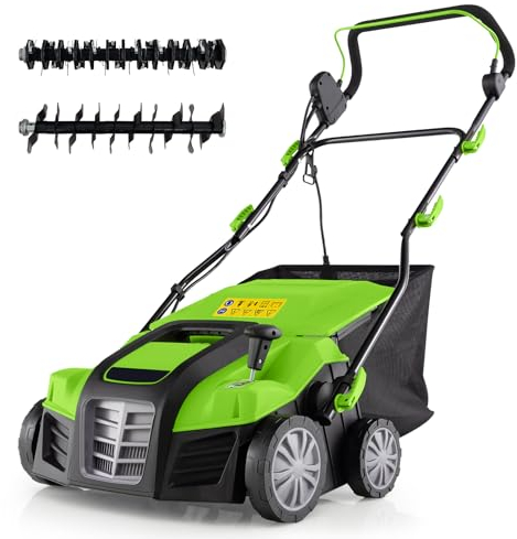 COSTWAY Elektro Vertikutierer & Rasenlüfter 41 cm, 15A 2-in-1 Rasenvertikutierer mit 3 Stufen Höhenverstellung & 5 Stufen Arbeitstiefe, Klappbarer GEH-Rasenlüfter mit 55 L Auffangbehälter (Grün)