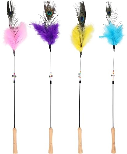 Flamingo Katzenspielzeug – Katzenangel Faye 54cm – Mehrfarbig – Keine Farbauswahl möglich – Kunststoff mit Holzgriff, Glöckchen, Perlen und Federn