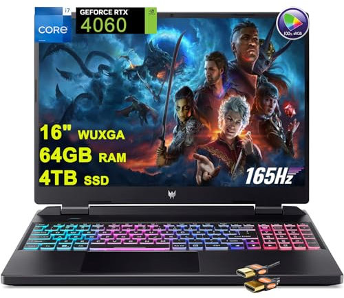 acer Predator Helios Neo 16 Gaming Laptop 16 WUXGA IPS 165Hz (100% sRGB) Intel 14-Core i7-13650HX 64GB RAM 4TB SSD GeForce RTX 4060 8GB Graphic RGB Backlit Killer AX1650i Win11 Black + HDMI Cable