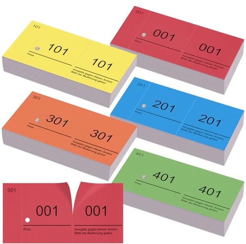 Nezyo Nummernblöcke Doppelnummern Blöck 1-500 Nummern Zahlen 5 Farben 5X10cm Nummernblöcke Für Garderobenmarken Nummerierte Abrisse Events Partys Messen Lotterien und Leckereien(Klassische Farbe,5)