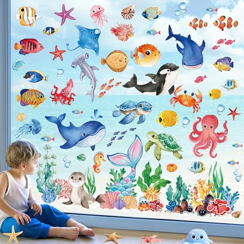 wondever Fensterbilder Unterwasserwelt Kinder Cartoon Fisch Fenstersticker | Abziehen und Aufkleben, Abziehbar, Wandaufkleber Selbstklebend für Kinderzimmer Babyzimmer Schlafzimmer Wanddeko